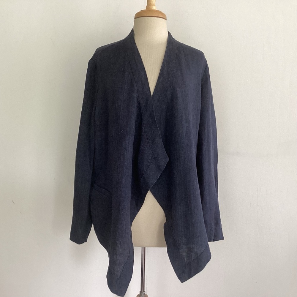 Lagenlook,Arty,Boho,Blue Linen Coldwater Creek Open Front 2 Pocket Jacket Large